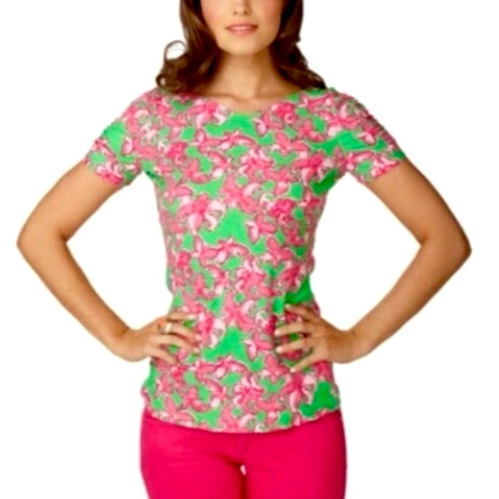 Lilly Pulitzer Leila All A Flutter Floral Butterfly Short Sleeve Top Size XS EUC
